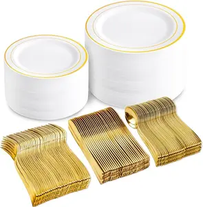 Gold/Silver/Rose Disposable Plates and Silverware Set: Dinner Plates,Dessert Plates, Cups,Napkins,Knife, forks, spoons-Perfect for Party