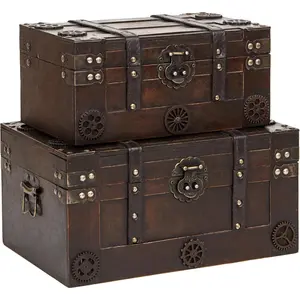 Set Of 2  Pirate Style Treasure Chest For ,Wooden Treasure Box For Keepsakes, Decorative Antique Chest,Wooden Keepsake Box Size:13.8"X9.4"X7.1"(1, Small+Large)