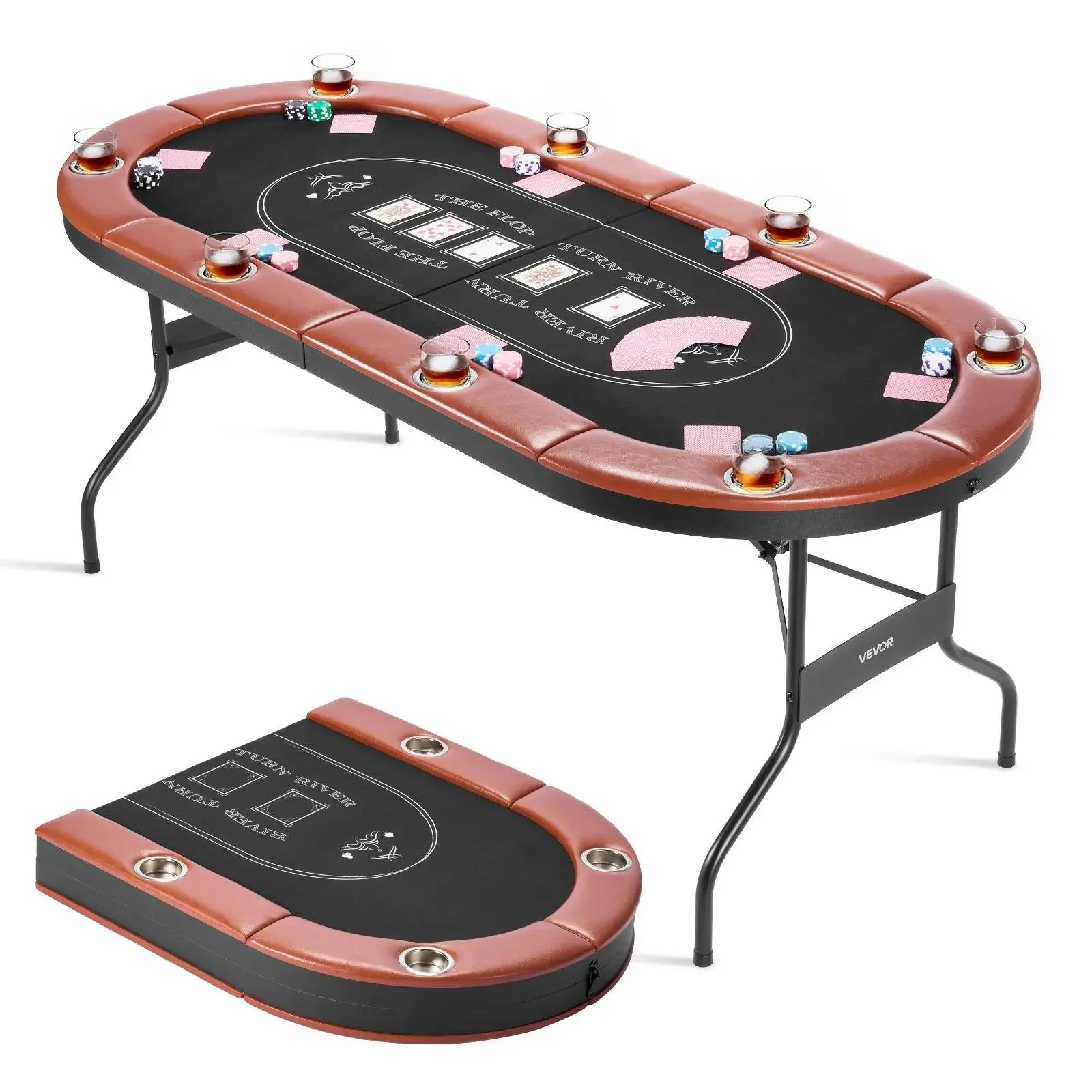 【Summerfinds】VEVOR Foldable Poker Table,  8 Player 72 in Folding Casino Leisure Table with Padded Rails and Cup Holders, Oval Portable Game Tables with Felt & Metal Legs, for Texas Hold'em Game and Blackjack
