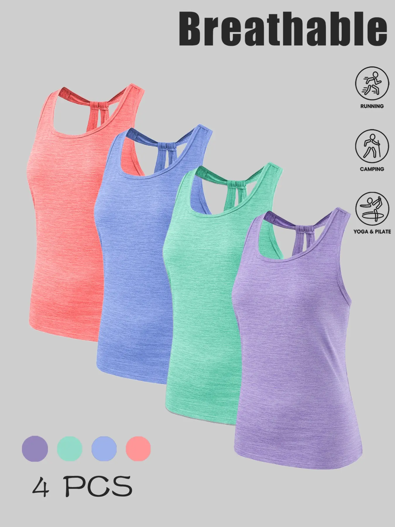 Women's Casual Backless Sports Tank Tops, Breathable Comfort Moisture-Wicking Sleeveless Fitted Undershirts, 4 Pcs Set, All Seasons, Sleeveless Sports Vest, Sleeveless Activewear, Fitted Sportswear, Activewear Athletic, Activewear Clothes