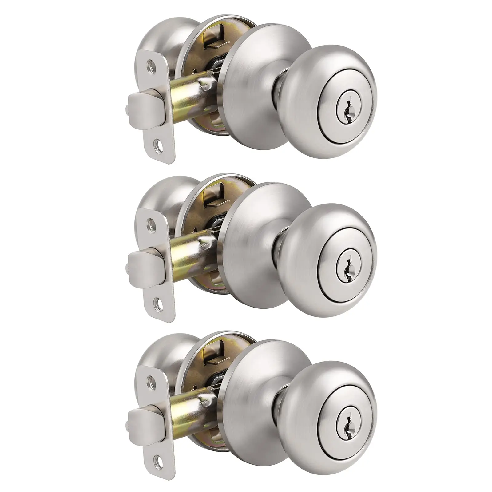 Entry Door Knobs With Lock  Keyed Alike Exterior Handles Brushed Nickel Locks Flat Ball Shape 3 Pack