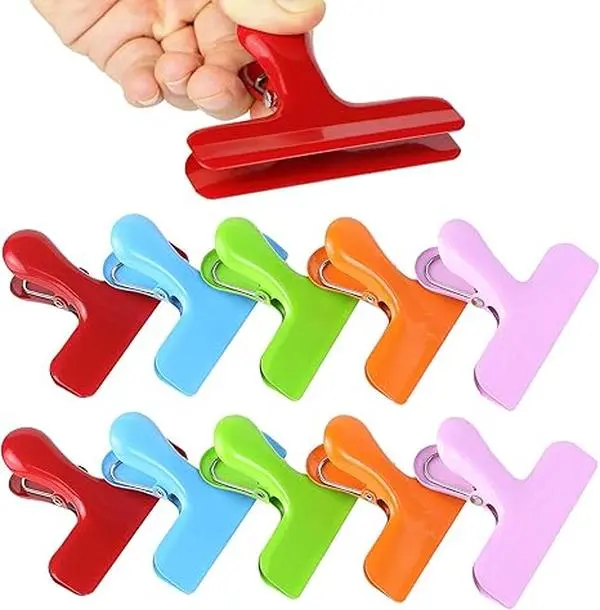 Stainless Steel Food Clips (chipbagclips-10pc) - Silicone-Coated Safe Edges, Airtight Seal, Color-Coded Heavy-Duty Kitchen Cooking Accessories, Office Pantry Indoor-Outdoor Fasteners That Keeps Items In Place