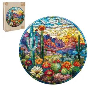 Stained Glass Cactus Wooden Jigsaw Puzzle for Adults and Kids Unique Shape Animal Wood Puzzles Challenging Puzzle Family Game Creative Gifts Laser Cut Durable HDF Wood Puzzle Colorful Floral Beautiful