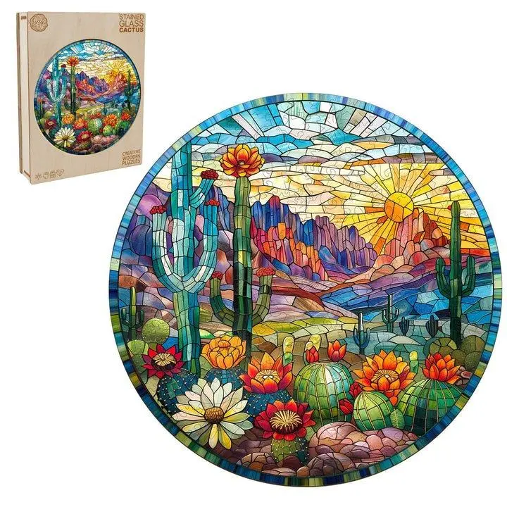 Stained Glass Cactus Wooden Jigsaw Puzzle for Adults and Kids Unique Shape Animal Wood Puzzles Challenging Puzzle Family Game Creative Gifts Laser Cut Durable HDF Wood Puzzle Colorful Floral Beautiful