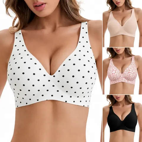 COMFBAY Women's Jelly Fabric Bra - Deep V Neck, 3/4 Coverage, Soft Push-Up Gel Wireless Seamless T-Shirt Lingerie with Criss-Cross & Leopard Print, Free Extender, Comfortable Daily Wear Bag Incl.
