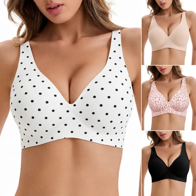 COMFBAY Women's Jelly Fabric Bra - Deep V Neck, 3/4 Coverage, Soft Push-Up Gel Wireless Seamless T-Shirt Lingerie with Criss-Cross & Leopard Print, Free Extender, Comfortable Daily Wear Bag Incl.