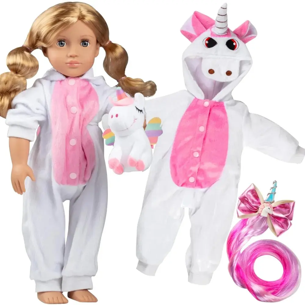 3pc Unicorn Onesie Outfit - 18" Doll Clothes & Accessories Compatible w American Girl Dolls - PJ Set Includes Pajamas, Plush Toy & Pink Hair Clip - Great for Girls & Collectors