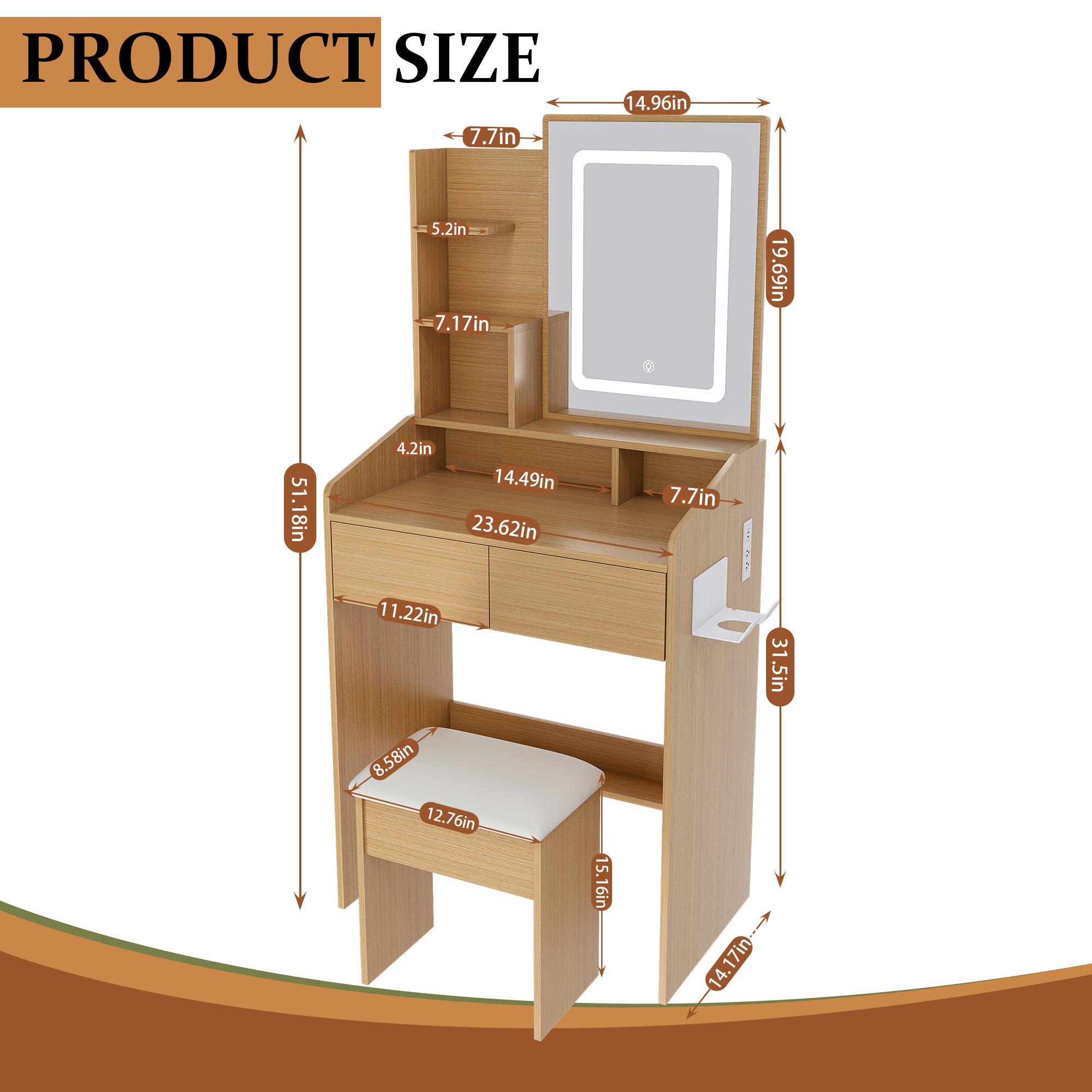 Vanity Table with LED-Illuminated Mirror, Power Outlet, Hairdryer Holder & Stool – Compact Dressing Desk for Small Bedrooms(Wood)