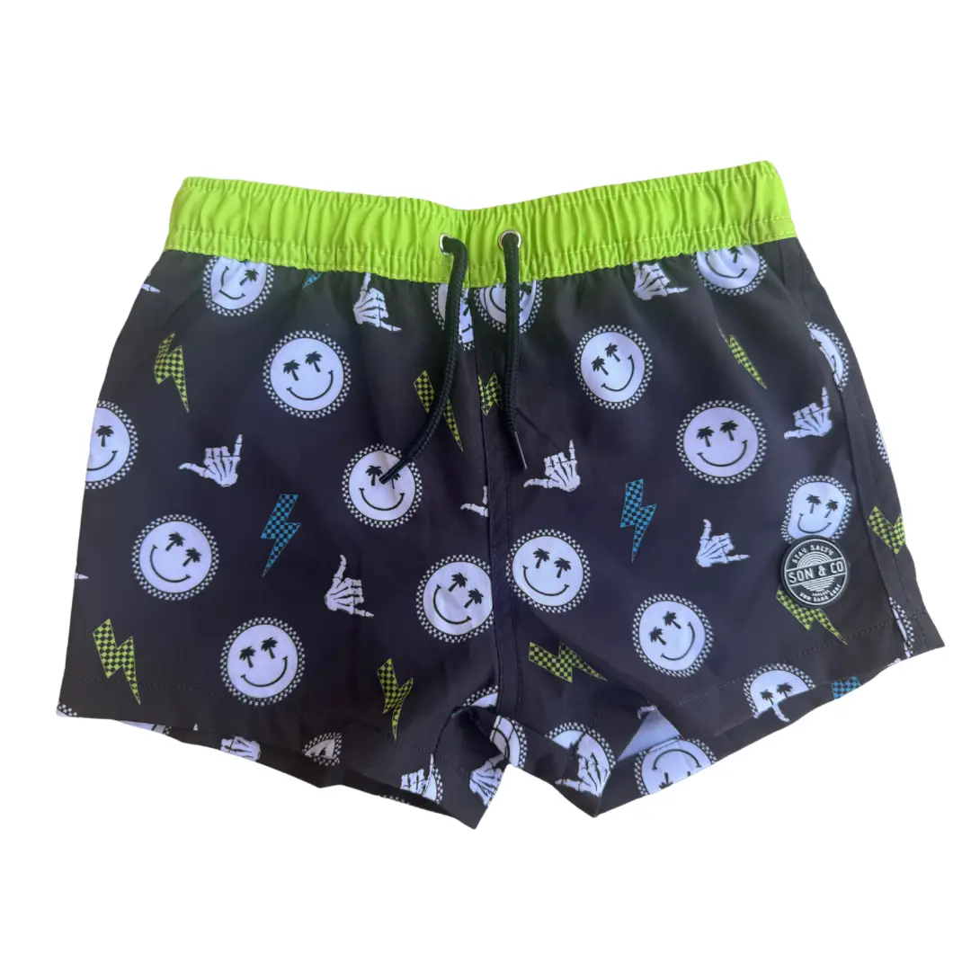 Sunshine State of Mind Swim Trunks - Toddler Baby Boy Kid Youth Swim Trunks - Checkered neon smiley