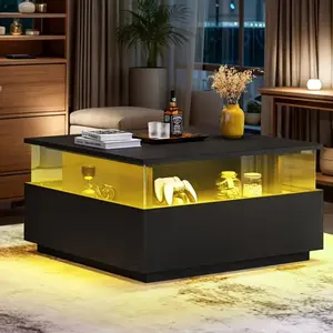 Coffee Tables for Living Room, Modern Coffee Table, Black Coffee Table with Storage, LED Coffee Table with 2 Sliding Drawers, Acrylic Coffee Table, Wood Center Table, Black