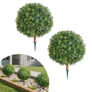Artificial Topiary Boxwood Trees With Ground Spike, 22-Inch 2-Piece Set Faux Shrubs And Bushes Potted Plants, Silk Look Realistic For Home Decor Front Porch Outdoor Indoor Patio Garden Balcony Backyard