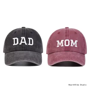 Washed Cotton "DAD & MOM" Embroidered Dad Hat - Retro, Sporty, Casual Sun Protection Baseball Cap