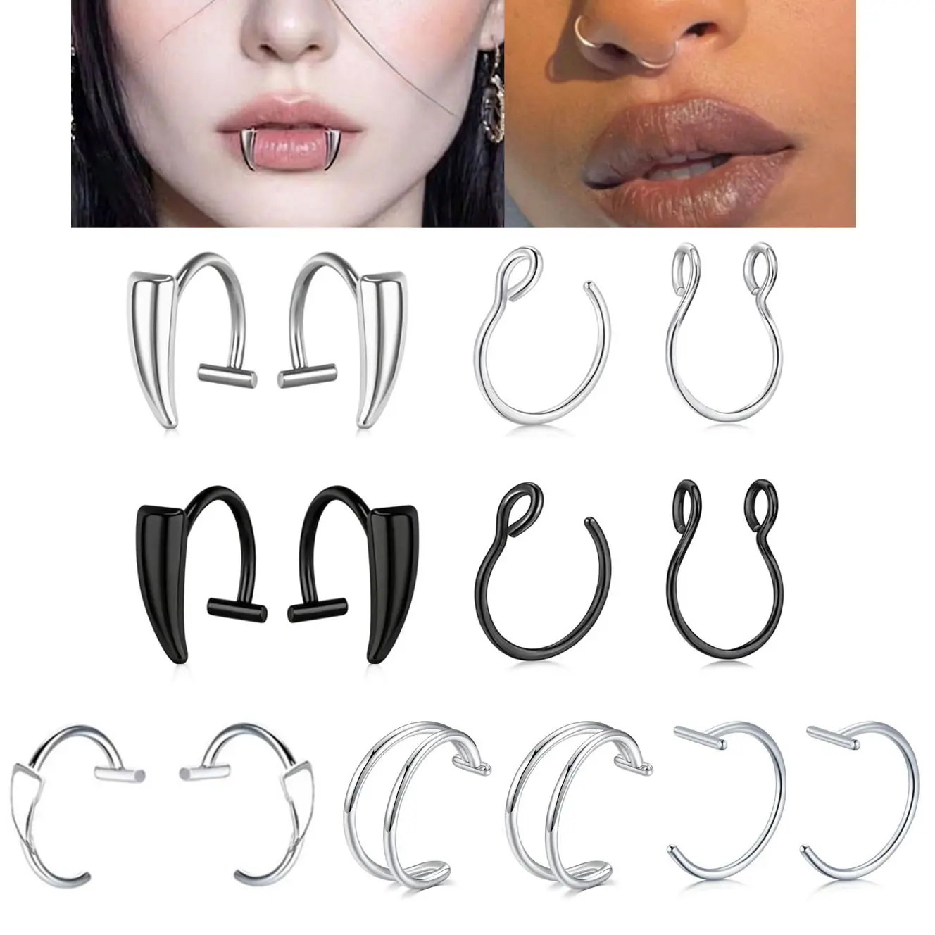Silver Black Fake Lip Piercing Fake Lip Ring Cuffs Clip on Faux Snake Bites Hoops Non Piercings Jewelry Vampire Teeth Fangs for Halloween Jewelry Clip Double Hoop Snakebite Jewelry