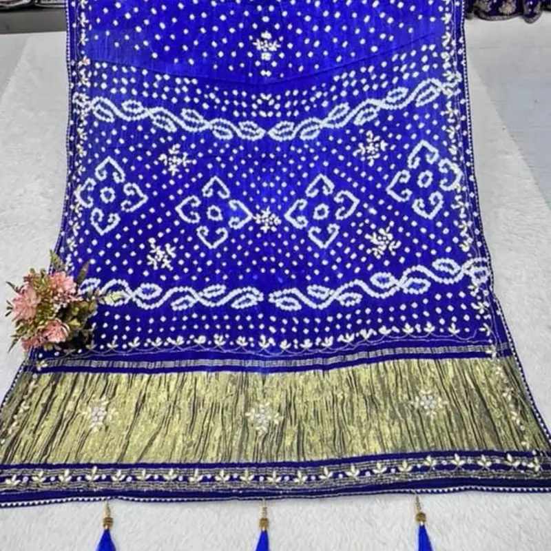 Beautiful Silk Bandhani with Handwork - Royal Blue and Gold Fringe Design for Festive Wear