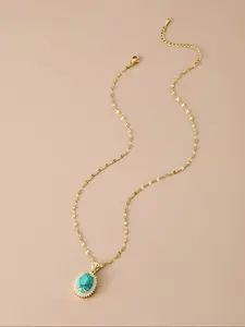 Women's Stainless Steel Necklace with Oval Turquoise Pendant, Gemstone Necklace, Fashionable Jewelry Accessory for Women, Trendy Jewelry, Elegant Design