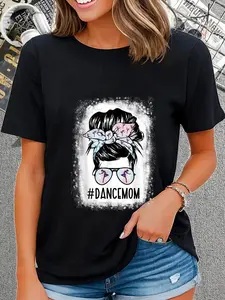 100% Cotton Unisex Funny Dance Mom Bun Hair Sunglasses Headband Mom Life T-Shirt Graphic Printed Casual Round Neck T shirt