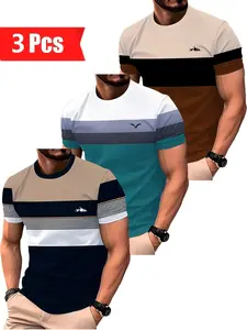 Men's Striped Print Fashion Casual Sportswear Short Sleeve T-Shirt Set, Summer Round Neck Quick-Dry Breathable Sports Tee, Father's Day Gift, Workout Summer Clothes
