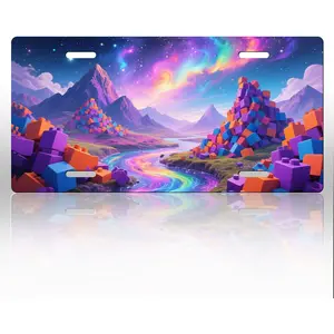 Colorful Building Blocks Mountain Front License Plate 6x12 – Toy Brick Landscape Aluminum Metal Car Vanity Tag for Truck SUV with 4 Holes