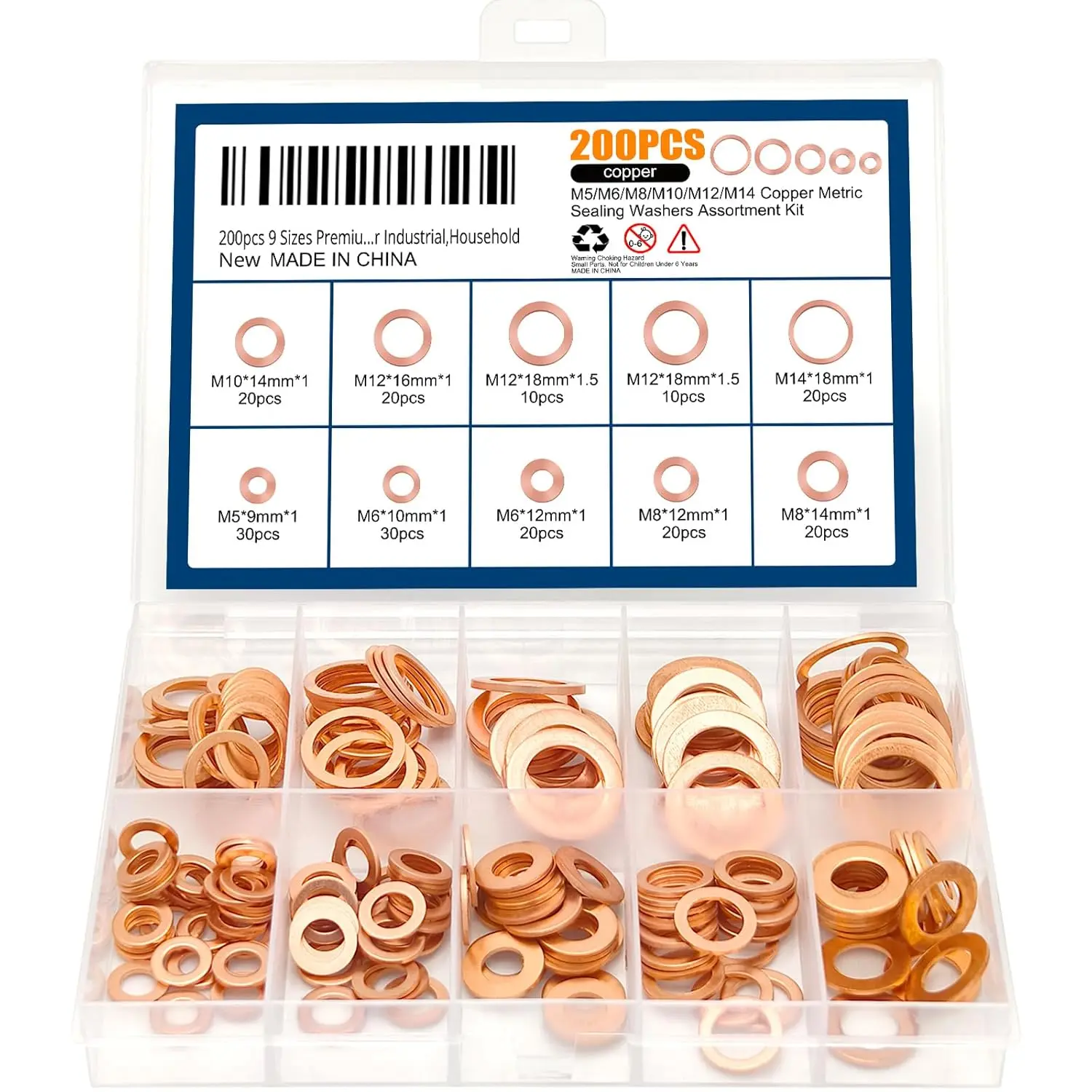 200pcs 9 Sizes Premium Copper Metric Sealing Crush Washers Assortment Kit,Flat Sealing Washer M5 M6 M8 M10 M12 M14,Flat Ring Sump Plug Oil Seal Gasket Sealing Fitting Washers for Industrial,Household