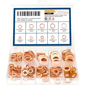 200pcs 9 Sizes Premium Copper Metric Sealing Crush Washers Assortment Kit,Flat Sealing Washer M5 M6 M8 M10 M12 M14,Flat Ring Sump Plug Oil Seal Gasket Sealing Fitting Washers for Industrial,Household