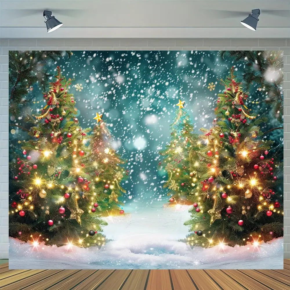 1pc Durable 2D Flat Soft Polyester Backdrop Cloth - Christmas Wonderland Pinetree, Glitter Spot, Winter Snowfield Prints, Large Glam White Indoor Photography Background for Adult Family Festival Celebrations, Housewarming, Photo Booth Props