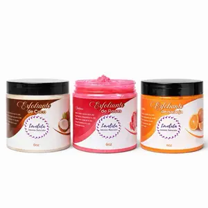 Three exfoliants: coconut, rose, and orange