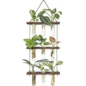 Wall Decor Hanging Planter Terrarium 3 Tired Test Tube Vase Glass Planter Plant Propagation Station Plant Hangers of Rope with Wooden Stand and 9 Tubes for Hydroponic Plant Cutting,Officedecor