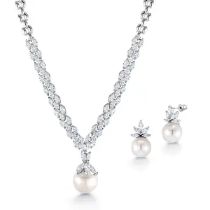 Pearl and Marquise CZ Rhodium Plated Wedding Necklace Set- 16 Inch, Wedding Necklace Set, Marquise CZ Necklace Set, Pearl And Cz Necklace Set, Party Wear Necklace Set