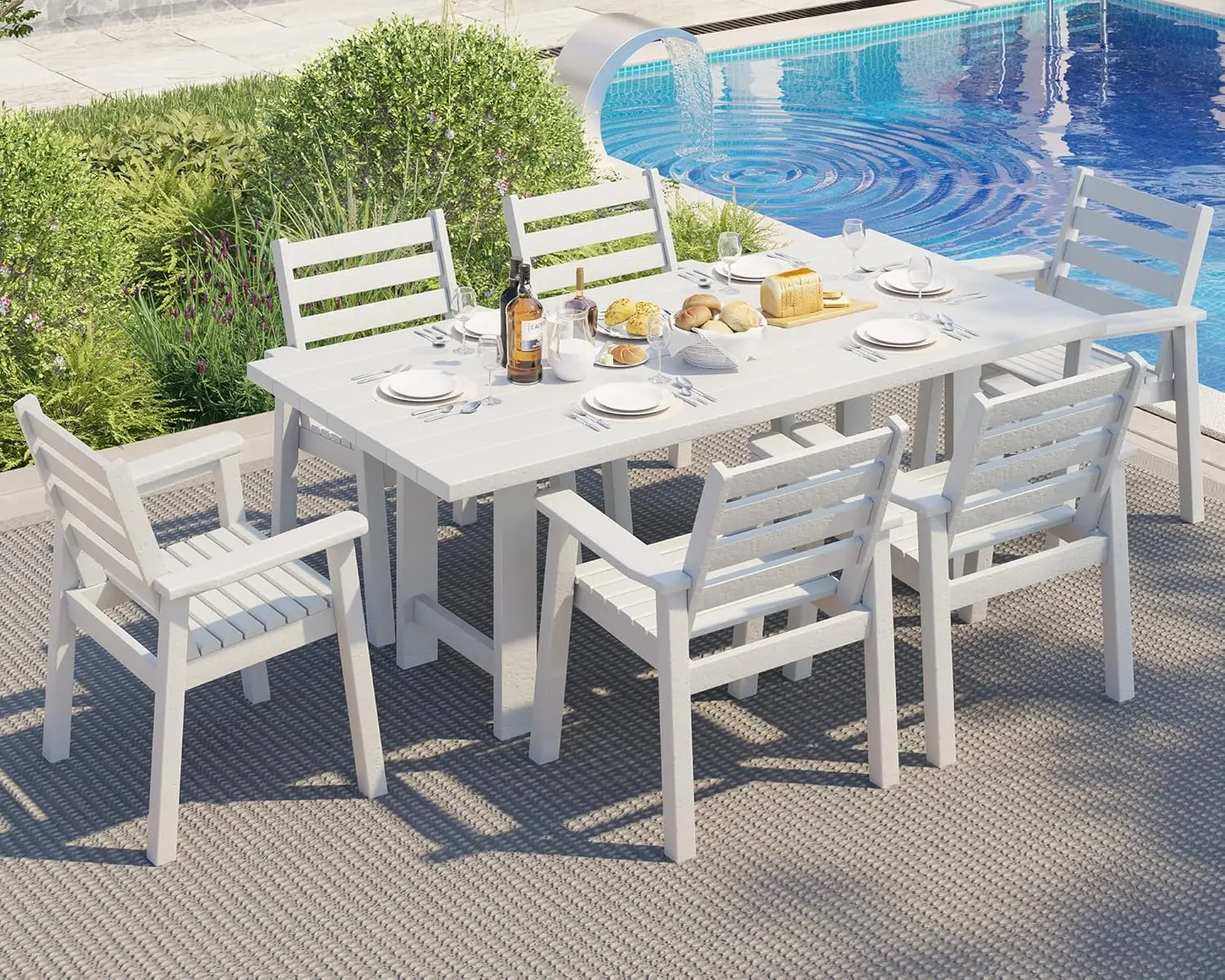 Amerlife 7-Piece Modern Ergonomic Design Outdoor Dining Set - 71" HDPE Large Table, 6 Outdoor Dining Chairs, Patio Furniture with Umbrella Hole for Garden, Backyard Gear