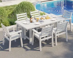Amerlife 7-Piece Modern Ergonomic Outdoor Dining Set, 71" HDPE Material Table with 6 Chairs, Large Patio Furniture with Umbrella Hole for Garden, Backyard,summervibes