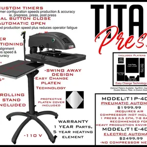 TITAN Press 16”x20” Pneumatic Heat Press with Laser Alignment, Automatic Pressing, 3 Custom Timers, Quiet Air Compressor, Metal Housing