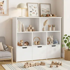 DAYAGO Freestanding Wood Bookcase - 5 Cubes, 3 Drawers with Hidden Wheels, 3-Tier Open Shelves, Modern Shelf Organizer with Spacious Storage for Living Room, Bedroom