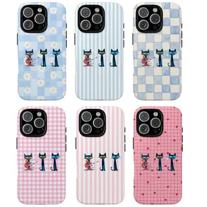 Cute Striped Line Cat Cartoon Dual Layer Shockproof Tough Phone Case Soft TPU Hard PC Bumper Protective Cover Ideal Fan Gift Fit iPhone 11-17 Pro Max Plus Samsung LUMN Studio