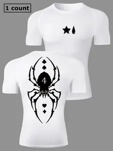 Star Water Drop Spider Print Men's Short Sleeve Tight-Fitting T-Shirt Athletic Shirt Activewear Tee Fitted Sportswear, Summer Quick-Dry Elastic Fitness Training Running Sportswear Gym Tees