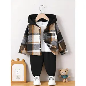 Outdoor Baby Boys Plaid Patchwork Hoodie with Front Pocket and Casual Fashion Pants Set, All Seasons Woven Fabric, Fitted Style, Baby Boy Clothes