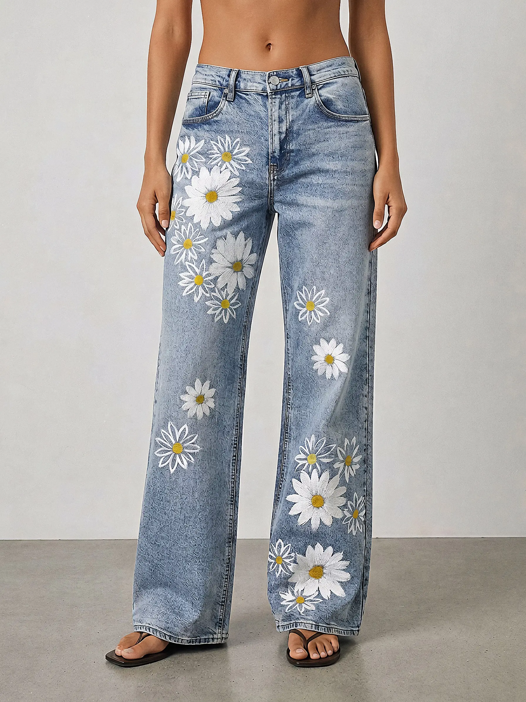 White Daisy Floral Graphic Jeans Y2K Wide Leg High Waisted Denim Pants Cute Aesthetic Light Wash Baggy Pants Women Summer Outfit Soft Girl Style