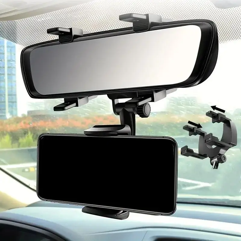 360 Rotation Car Rear View Mirror Mount Stand, Adjustable Car Mount Holder for Rear View Mirror, GPS Cell Phone Holder, Universal Navigate Support