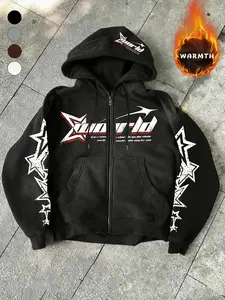 Unisex Vintage Star Print Fleece Hoodie, Zipper Design, Multiple Colors Available, Warm Casual Streetwear for Fall & Winter