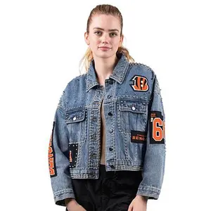 Football Fan Shop Officially Licensed NFL G34Her By Carl Banks Game Ball Denim Jacket - Bengals