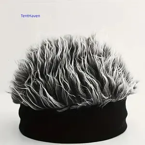 Men'S Funky Faux Fur Knit Beanie Hat - Hip-Hop Style, Straight Hair, No Brim, Perfect for Parties & Cosplay, Black & White Design, Party Accessory |   Funky Beanie |   Faux Fur Hat, Knit Beanie Hat