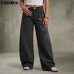 EMMIOL Women Hip Hop Baggy Jeans Wide Leg Mid-Low Waist Jeans Loose Boyfriends Jeans 90s Vintage Denim Pants casual comfy Black Womenswear