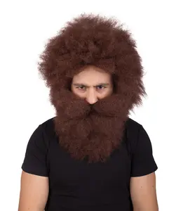 HPO Adult Men's Brown Spiked Afro Wig with Beard – Wildman Brown Afro Cosplay Wig, Straight Spiked Afro Wig for Halloween and Costume Parties