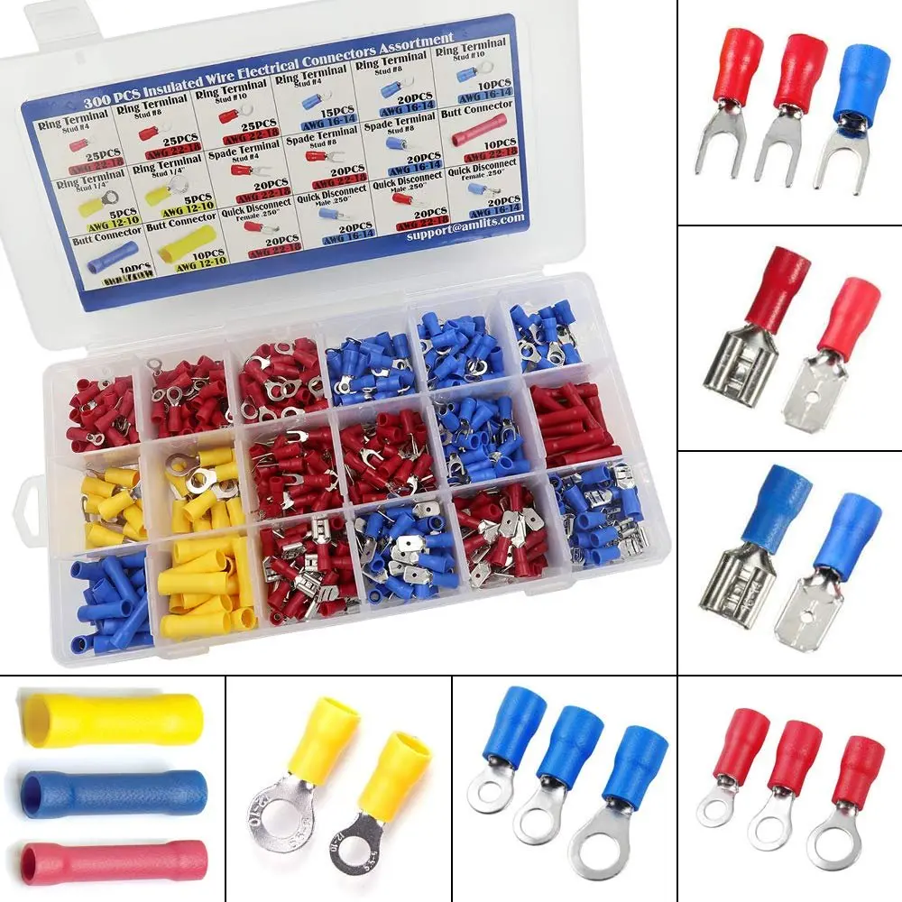 300 count Insulated Wire Electrical Connectors - , Ring, Spade, Quick Disconnect - Crimp Terminals Connectors Assortment Kit