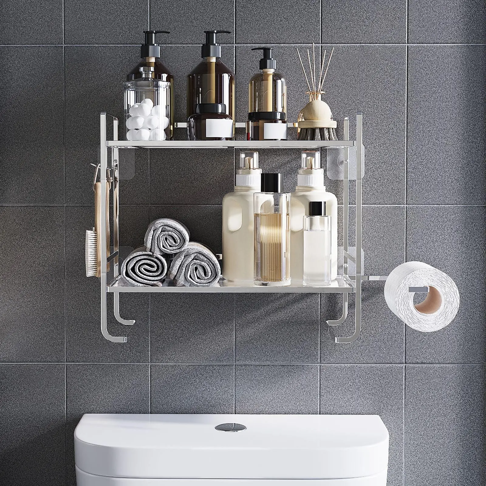 Garvee 2-Tier Over Toilet Storage Shelf with Toilet Paper Holder and Hooks, Metal Bathroom Organizer Rack, Space-Saving Silver Toilet Tank Storage Rack for Bathroom Organization