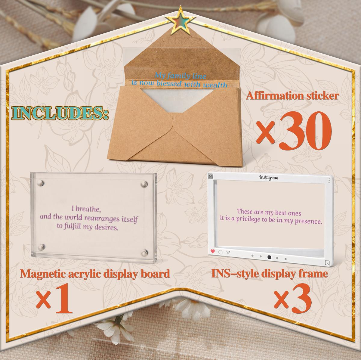 Affirmation Stickers Set Inspirational Quote Stickers with Magnetic Acrylic Display Board and 3 Mini Display Frames Positive Word Decals for Mirror Journal Laptop Desk Decor Self Love Motivation Gift Box with 30 Transparent Affirmation Cards