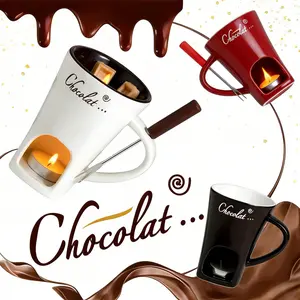Chocolate Fondue Mug with Fork - Ceramic Heat Resistant Melting Cup, Candle & Microwave-Safe, Perfect for Home Kitchen/Date Night, Valentine's Day/Birthday Gift