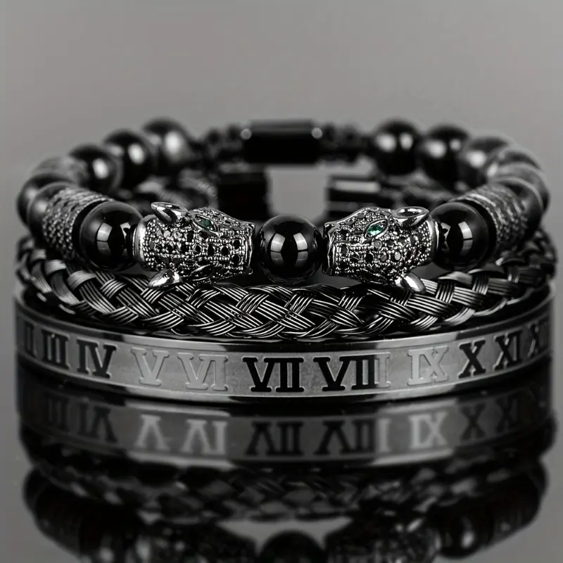Men's 3PCS Premium Black Agate Beaded Bracelet Set - Stainless Steel Double Leopard Heads, Roman Numerals, Adjustable Braids, Retro Unisex Fashion Accessory, Retro Look, Unisex Wear