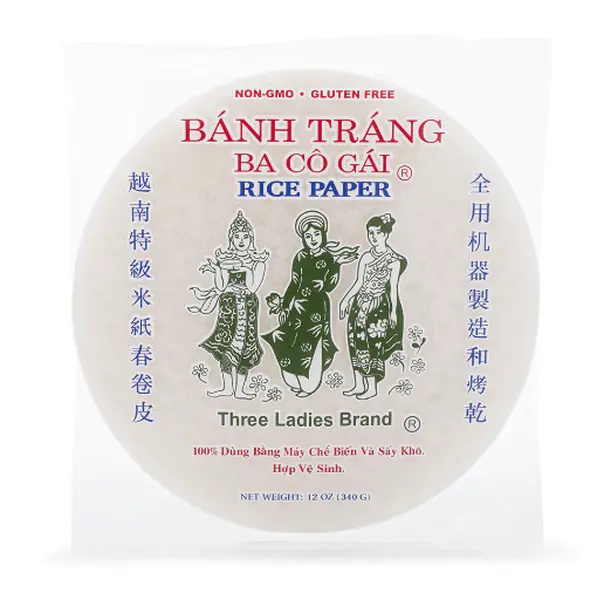 Three Ladies Round Rice Paper 22 cm, Vietnamese Banh Trang Wrappers for Spring Rolls, 340 g