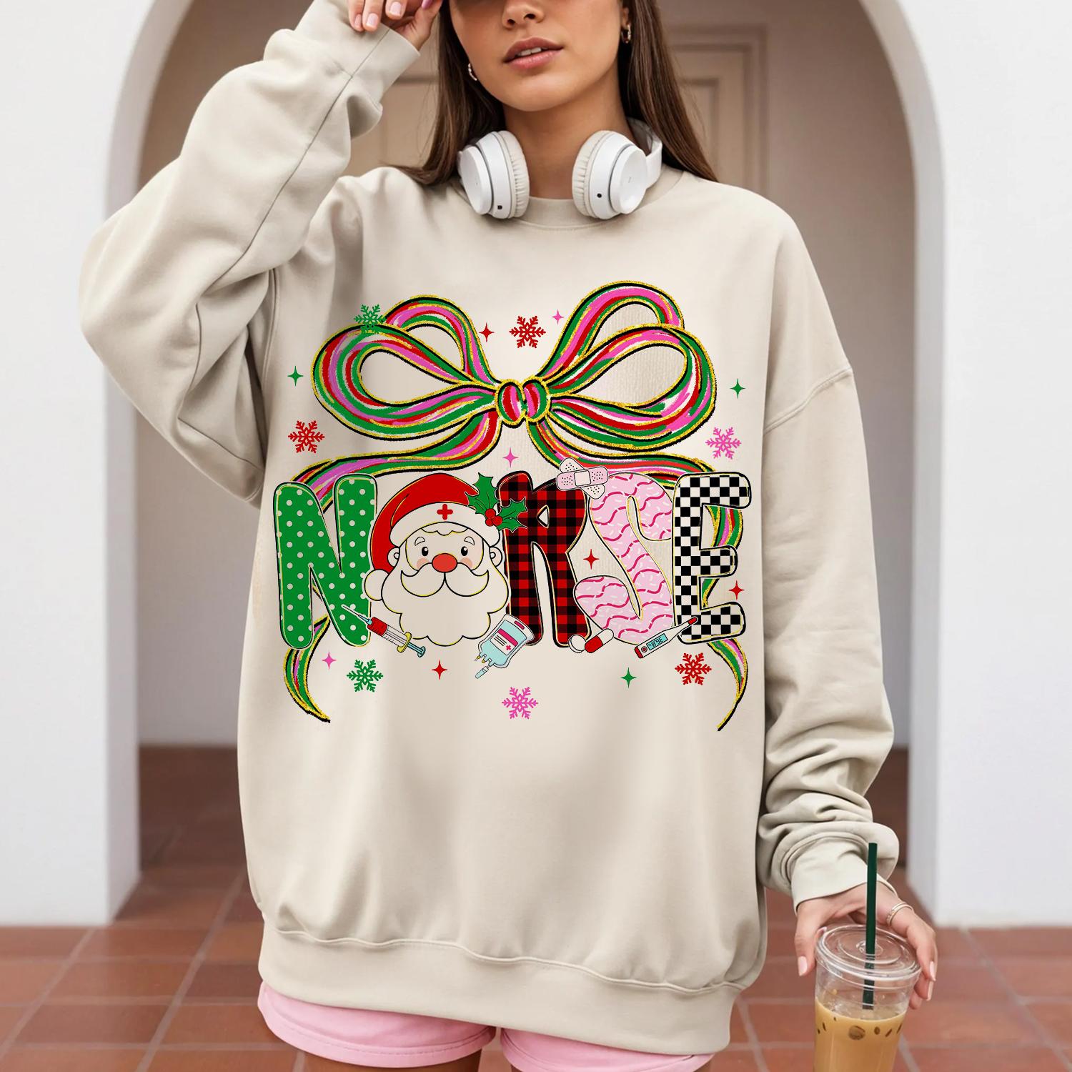 Preppy Holiday Christmas Nurse Sweatshirt, Nurse Holiday Shirt, Santa Tee, Pullover Sweatshirts, 100% Classic Cotton, Gift For Her