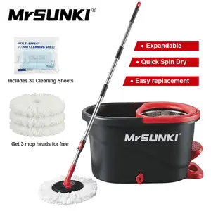 Mrsunki Spin Mop Set with Foot Pedal Professional Mopping System – 360° Swivel Cleaning System – Includes 3 Washable Pads & 30 Floor Cleaning Tablets – Extendable Handle Bucket